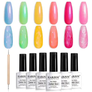 RARJSM Neon Pearl Gel Nail Polish Set 6 Bright Colors Green Blue Yellow Orange Red Pink Rainbow Iridescent Mermaid Shell Glitter Polish Shimmer Multichrome Swirl Thread Effect Curing Requires UV/LED