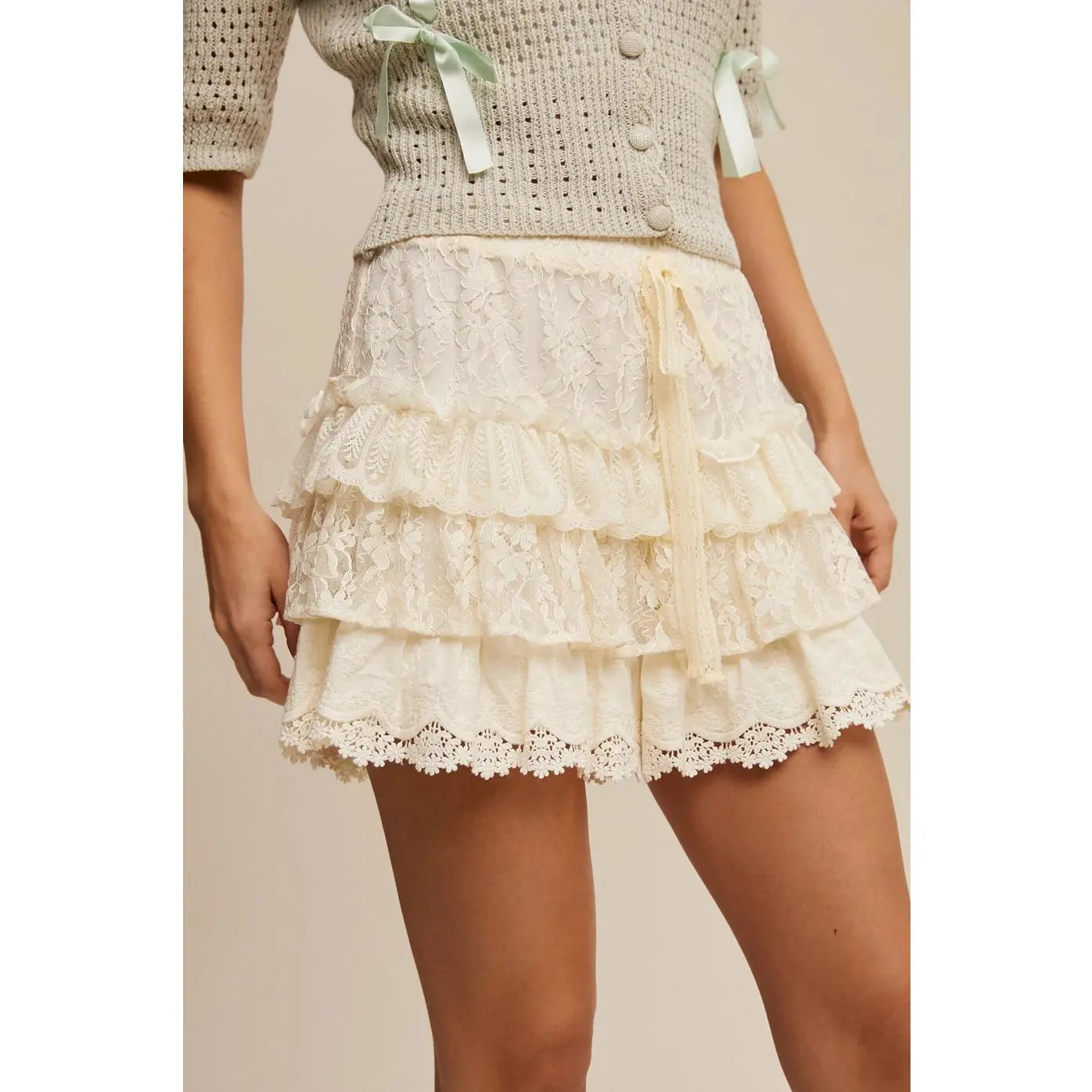 Women's Cute Lala Lace-Ruffle Mini Elastic Shorts - Smooth Nylon, Feminine Cream Bottoms