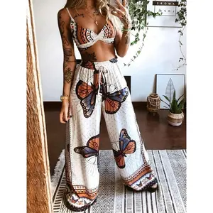 Women’s two-piece sexy butterfly-print camisole and wide-leg pants set; women’s crop top and pants set; clothing set made from women’s polyester–spandex fabric