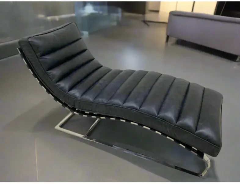 Plano Modern Channeled Leather Chaise Lounge - Slate Leather, Indoor Furniture Chair with Channeling Design
