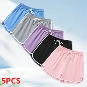 Pack of 5 women’s casual athletic shorts featuring a drawstring and elastic waistband; suitable for outdoor sports, fitness, running, and casual wear; women’s sportswear shorts.