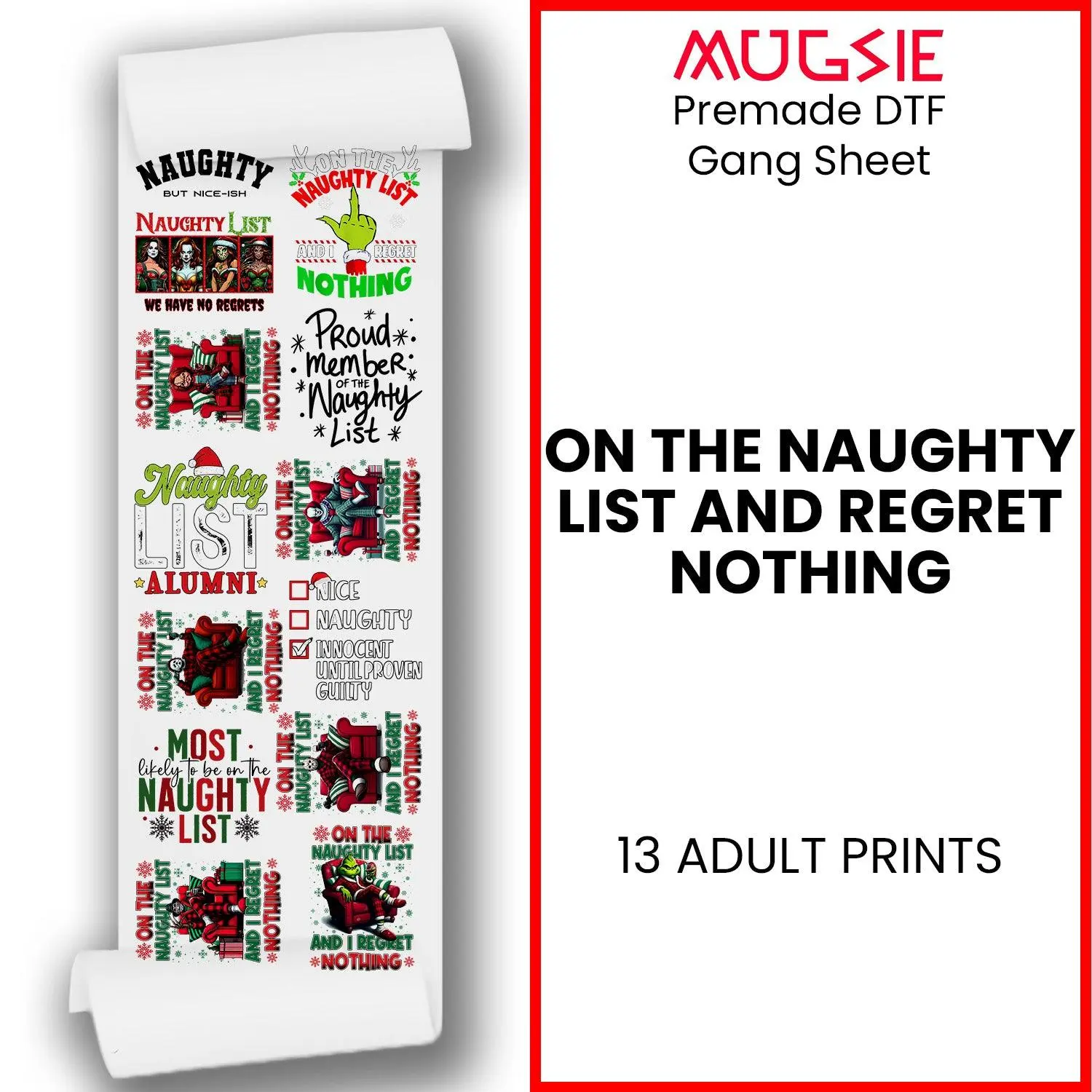 Christmas DTF Transfers - Naughty List Gang Sheet - 13 Designs Ready to Press