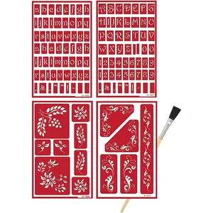 4 Reusable Glass Etching Stencils - Upper Case Alphabet, Lowercase Alphabets, Floral Fleur De Lis, Berries Theme Etch Stencil - Set Includes Brush, Total 5 Items