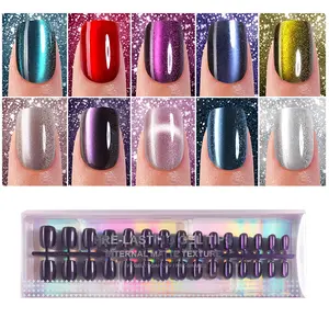 Cat Eye Press on Nails Short Square, Plauva Soft Gel Fake Nails, Glossy Glitter Cat Eye Nail Tips for Women and Girls Stick On Nails