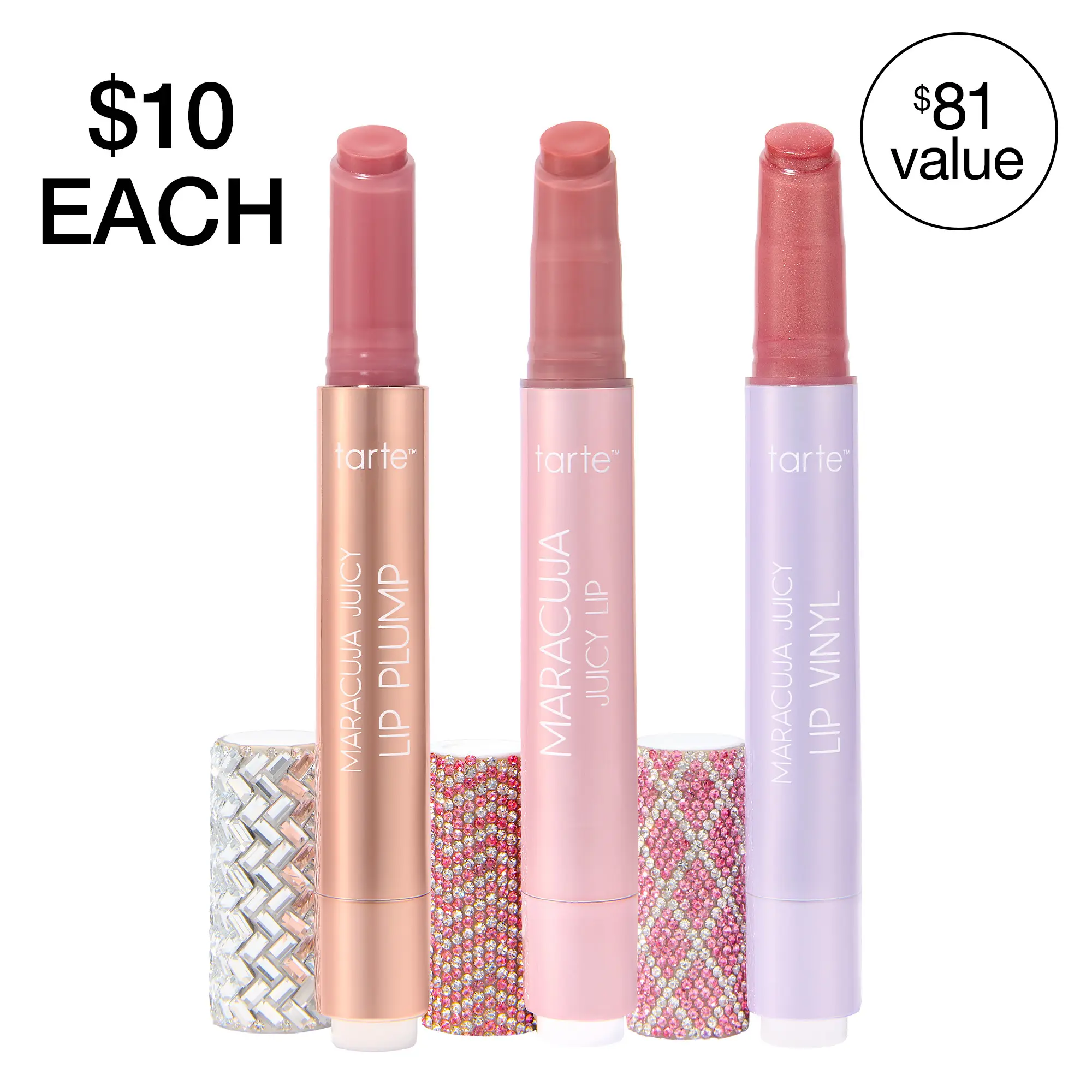 tarte don't kiss & tell maracuja juicy lip trio - lip balm, plump & vinyl with limited-edition rhinestone caps