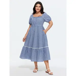 BLOOMCHIC Plus Size Checkered Print Lace Trim Midi Dress [M-6X]2026 Summer Vibes