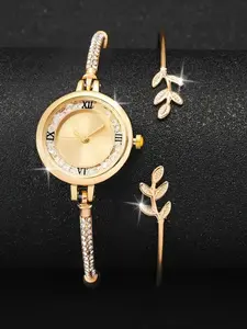 Women's Elegant Fashion Round Dial Quartz Watch & Leaf Design Bracelet, Fashion Watch Set for Party, Daily Decor, Trendy All-match & Exquisite Watch Set for Birthday Gift