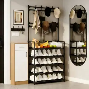 Black Metal Storage Rack, 23-Inch Freestanding Entryway Organizer, Multi-Functional 3-In-1 Shoe Rack And Coat Rack, 4-Tier Shelves With 8 Hooks For Hats Bags Umbrellas, Easy Assembly