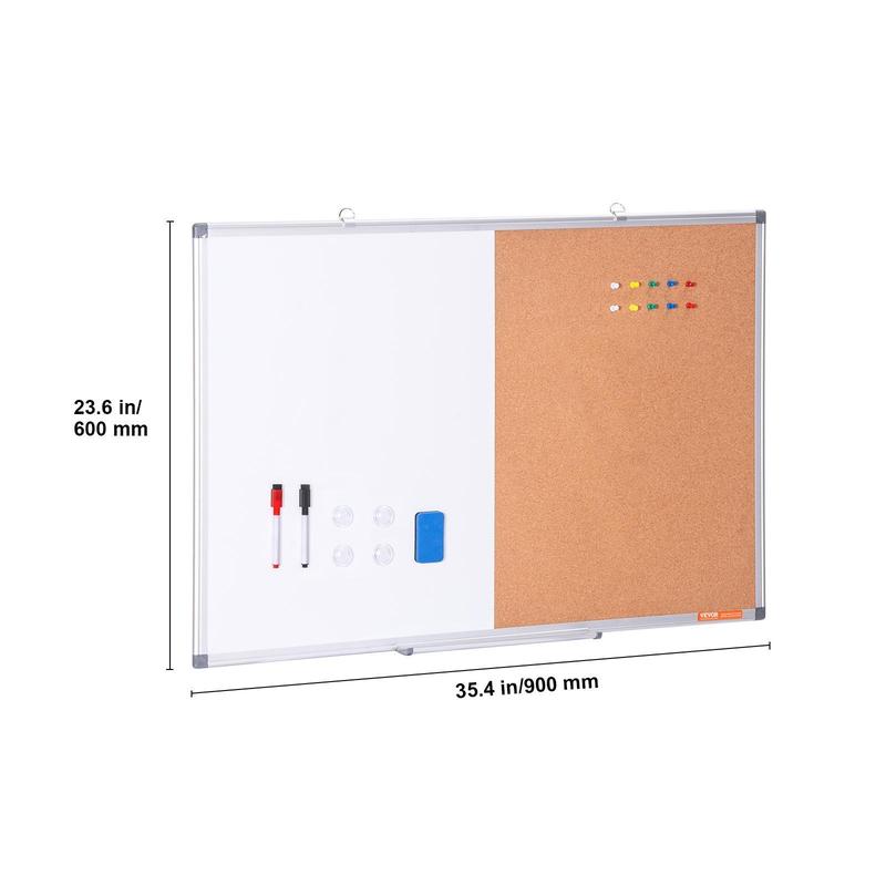 VEVOR 36"x 24" Whiteboard & Cork Board Combo with Aluminum Frame – 2-in-1 Magnetic Dry Erase Bulletin Board for Wall Mount – Ideal for School,  , Home, Office