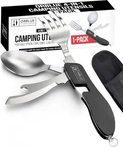 Portable Camping Cutlery Set – Orblue 4-in-1 Stainless Steel Utensil Combo (Spoon, Fork, Knife, Bottle Opener) for Travel & Hiking