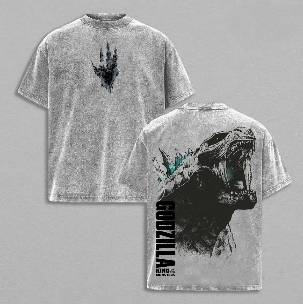 Men's Godzilla Vintage Washed Graphic T-Shirt - Oversized Casual Fashion Cotton Tops, Streetwear Clothes Gift for King of the Monsters Fans, Grunge Album Print Menswear Dad Tee