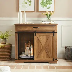 Furniture Style  Crates with Drawer, Farmhouse Wooden  Kennel Furniture with Sliding Barn Door & Water Resistant for Outdoor Weather-Resistant Dog Run