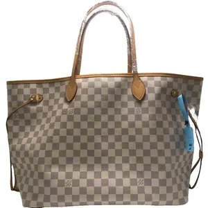 Pre-owned Louis Vuitton Damier Azur Neverfull GM Tote Bag Extra Large Capacity, Vachetta Leather Handles, Iconic Check Pattern, Ideal for Commuting & Travel