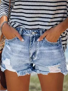 Women's High Waist Ripped Denim Shorts, Light Blue Washed Frayed Hem Hot Pants, Elastic Slim Fit Y2K Style Summer Music Festival Shorts