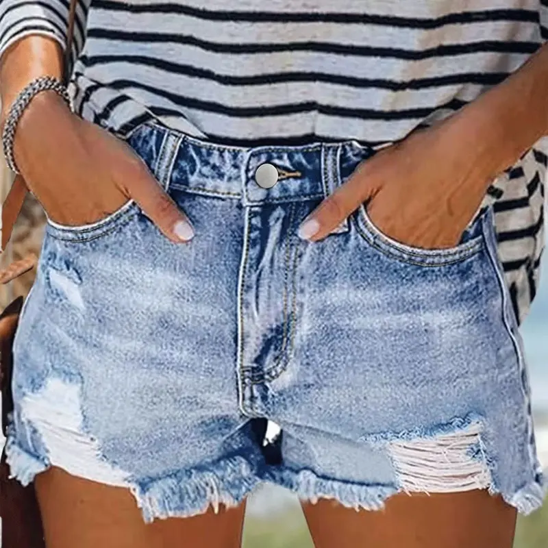 Women's High Waist Ripped Denim Shorts, Light Blue Washed Frayed Hem Hot Pants, Elastic Slim Fit Casual Y2K Style Summer Music Festival Casual Comfy Shorts, Elastic Waistband Shorts