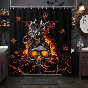 Cartoon Dragon Bath Curtain Black Skull Flame Crack Shower Curtain Decor Lovely Halloween Dragon Bathroom Shower Curtain Set Polyester Neon Red Butterfly Bathroom Accessories