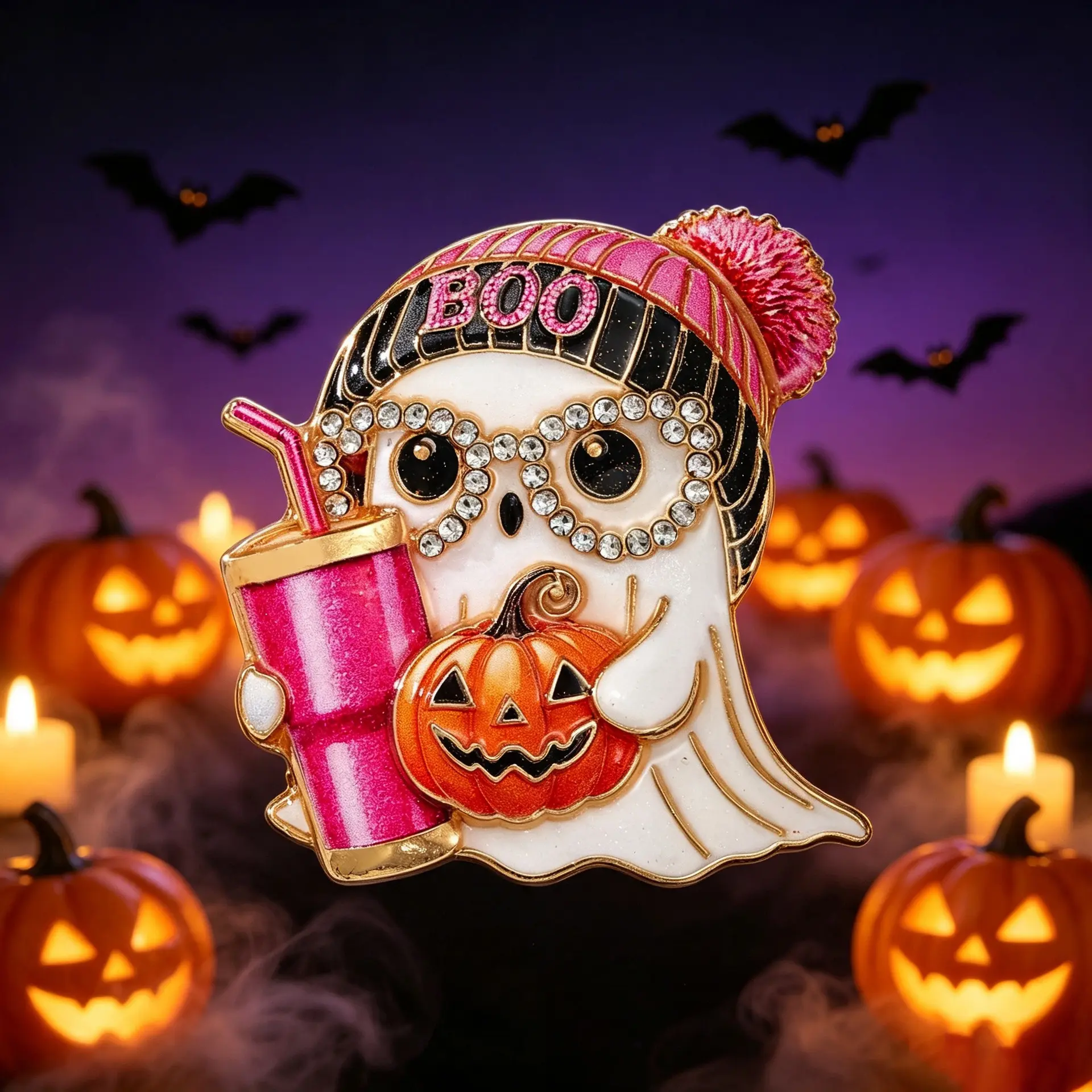 September Laurel  Cute Halloween Ghost Pumpkin Brooch, Pink BOO Rhinestone Ghost Pin, Fun Halloween Party Costume Accessory, Spooky Season Holiday Gift