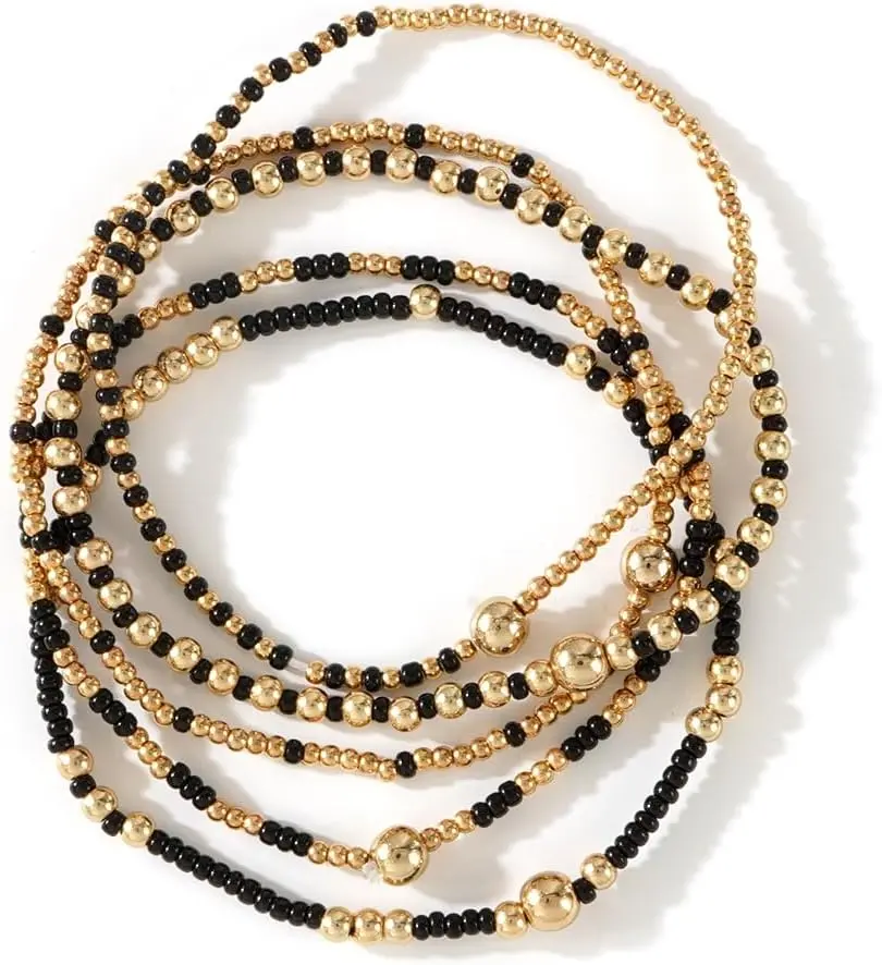 SHINUS Women's Bohemian Dainty Gold-Plated Beaded Layered Bracelet Set, Handmade Colorful Bead Ball Stacked Bracelets, Festival Fashion Accessory Gift for Friends