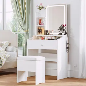 LIKIMIO Small Makeup Vanity Desk with Mirror and Lights, Vanity Table Set with Storage Drawer, Chair and Three Shelves, Bedroom