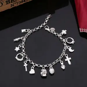 Vintage Silver Charm Bracelet for Women, Y2K Lucky 13 Charm Bracelet, Cross Heart Star Moon Layered Bracelet, Adjustable Jewelry, Gift for Her, Friend, Couple, Birthday, Xmas, Everyday