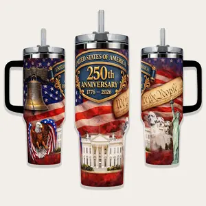 Insulated Reusable Stainless Steel Vacuum Flask Tumbler (20oz/40oz) - USA 250th Anniversary (1776-2026) Patriotic Travel Mug with Lid, Straw, Handle, 40oz Flag-Eagle-Liberty Bell Design, Unique Gift for Men (4th of July), Flasks