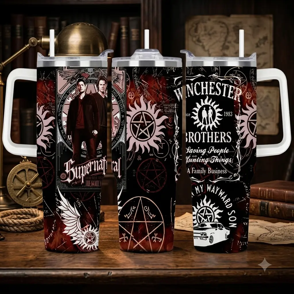 Insulated 40oz Supernatural 40oz Tumbler with Handle - Winchester Brothers Saving People Hunting Things Travel Mug - Dean & Sam Winchester Fan Gift - Anti-Possession Symbol Insulated Stainless Steel Cup - Carry On Wayward Son Aesthetic