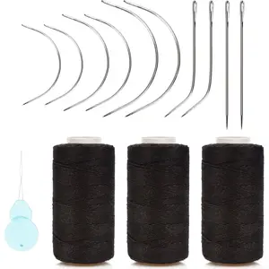 and Thread Set Professional Hair Extension Tools 10 count Curved  with 3 count Black Threads for Making Wig DIY Hand Sewing Hair Weave Extension (3 Thread, Black)