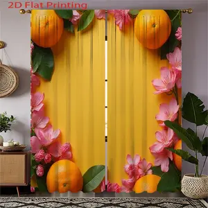 2D Flat, 2pcs Modern Floral Curtains - Mustard Yellow with Orange & Pink flowers