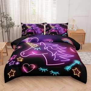 Neon Heart Star Unicorn Pattern Bedding Set, 1 Count Comforter & 1/2 Counts Pillowcase, Soft Comfortable Bedding Set for Home Bedroom, Soft Bedding Sets