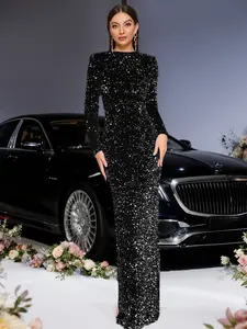Women's Elegant Mermaid Evening Dress, Round Neck Long Sleeve Formal Party Gown, Sparkling Plain Design for Ballroom & Special Occasions Formal Wear