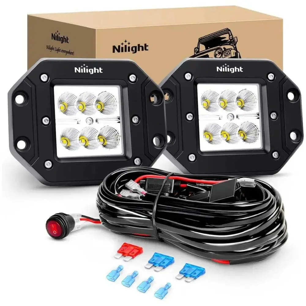 Nilight 4.8-Inch 18W Flush Mount Flood Beam LED Car Work Light Kit - Aluminum Construction, Bright Illumination, 10ft Wiring Harness, 3-Pin Switch, -40~85°C, LED Truck Pickup ATV Recessed Lights, Offroad Fixture