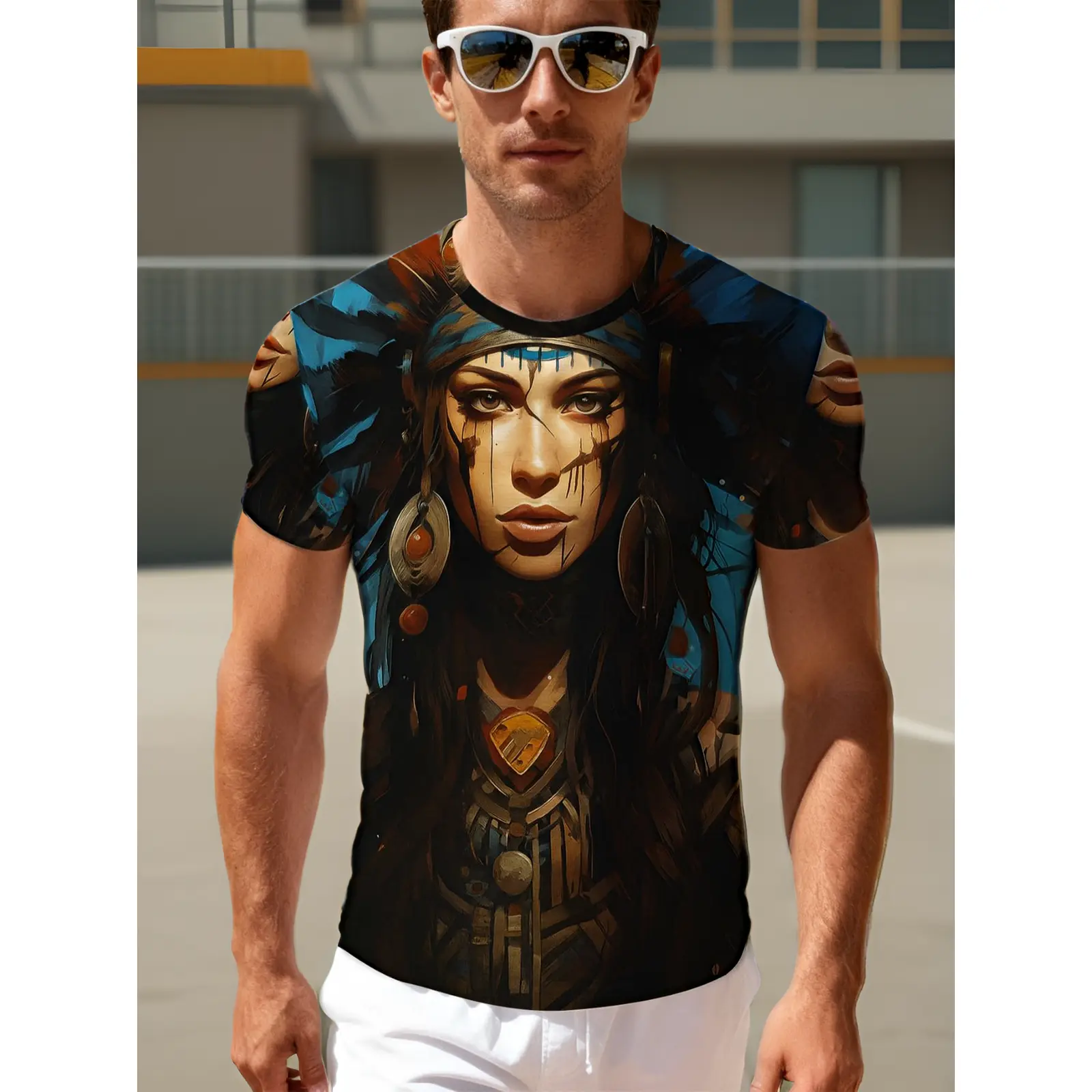 Men's Short-Sleeve Round Neck Polyester Fabric Menswear T-Shirt, Local American Tribal Woman Portrait Print, Ethnic Bohemian Casual Streetwear, Breathable Loose Fit Top, Suitable for Daily & Beach Wear, Plus Size
