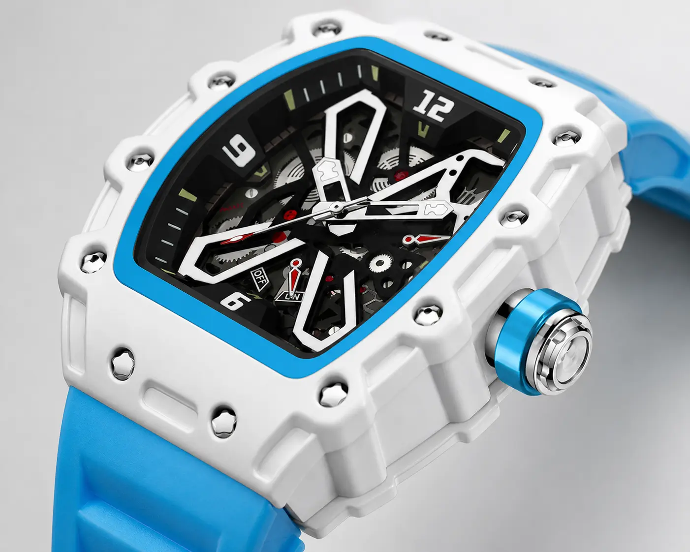 Men's Luxury Tonneau-Shape Skeleton Dial Quartz Watch with Exposed Gears, Durable Silicone Strap, Modern Design for Male Wear Enthusiasts