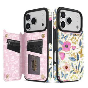 Luxury Wallet Foil Printed Embossing Hot Stamped Floral Pattern Double Buckle RFID Blocking With Card Slot Support Flip PU Artificial Leather Case Phone Cover Casing Compatible With iPhone 17 Air 16 Pro Max 15 Plus 14 Pro 13 Mini 12 11