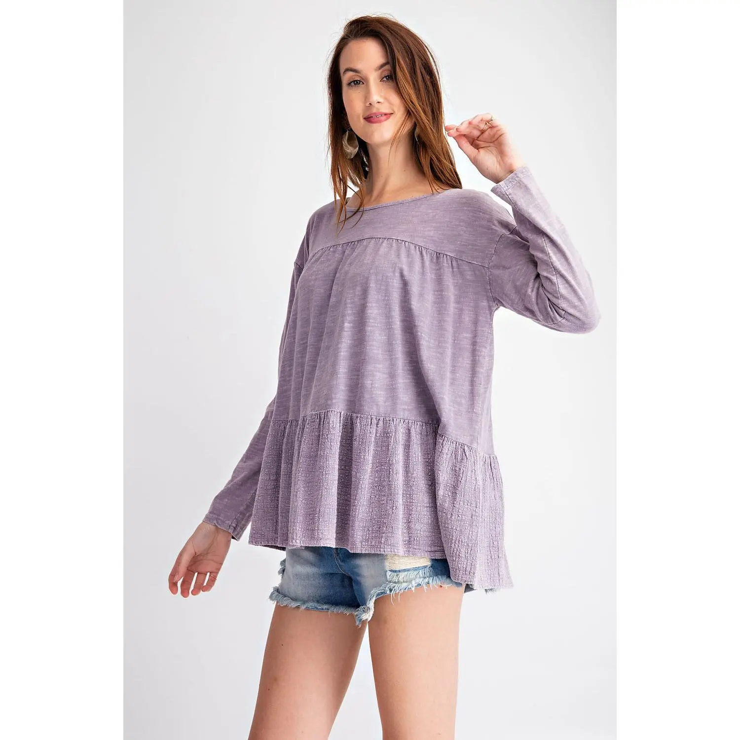 Women's Feminine Dusty Lilac Peplum Blouse - Soft Long-Sleeve Top with Scoop Neck, Tiered Hem, Lightweight Textured Fabric for Everyday Style