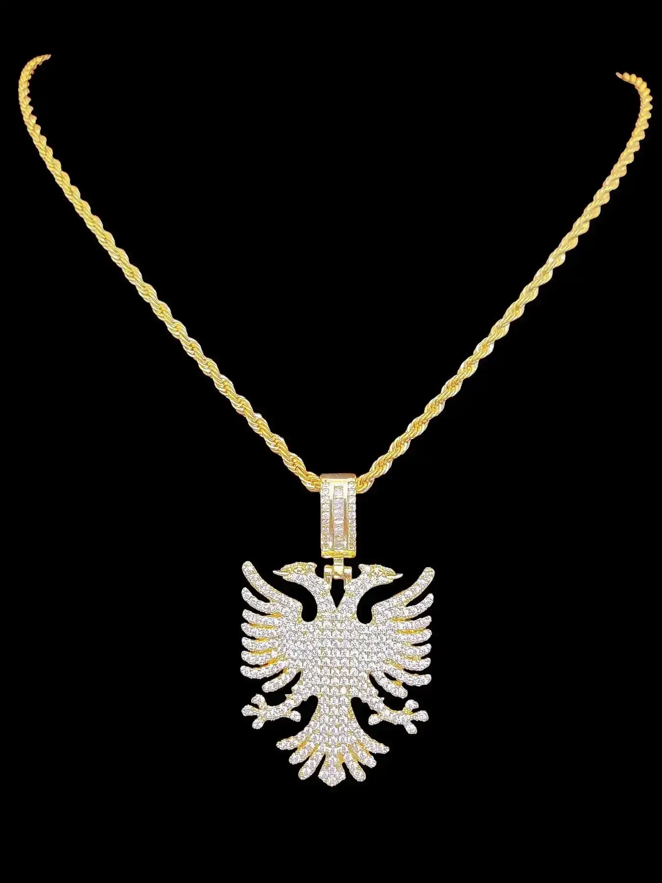 Albanian Eagle Zircon Pendant Necklace, Stainless Steel Chain, Men Women Hip Hop Punk Jewelry, Vintage Fashion, Decorative Necklace, Daily Wear & Party Gift, Zircon Stones Necklace