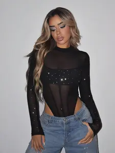 Women's Mock Neck High-Cut Sheer Mesh Black Bodysuit, Long Sleeve Tops, Short Design, Breathable Fabric