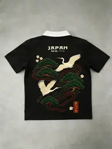 Polo Shirt 'JAPAN' Crane & Pine Tree Japanese Traditional Graphic Print Contrast Collar Polo | Edgy Oriental Streetwear Aesthetic | Unisex OOTD Essential | TikTok Viral Y2K Casual Daily Wear Statement Top for Men Women 2026 Spring New Drop