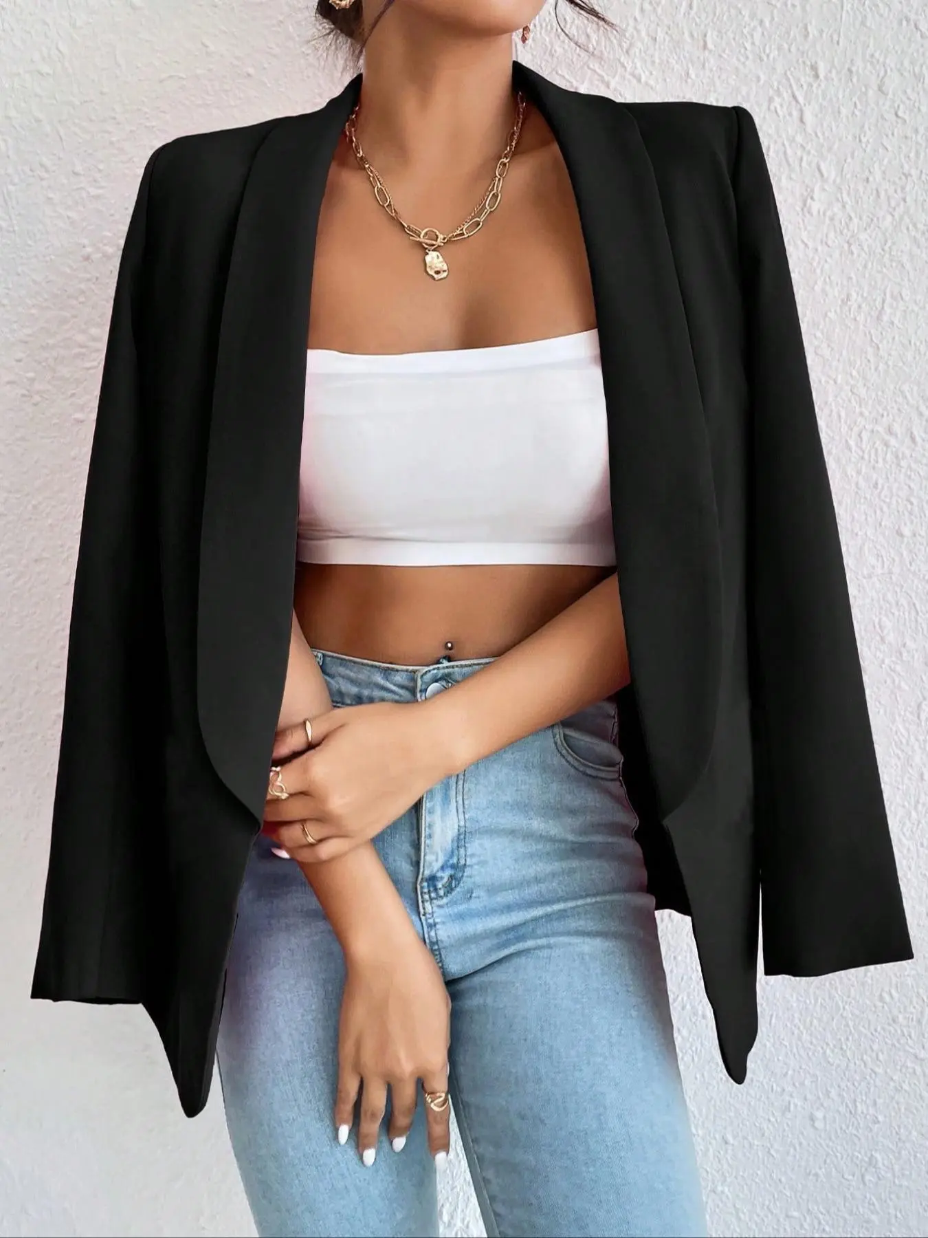 Women's Plain Shawl Collar Blazer Jacket, Elegant Fitted Long Sleeve Suit Coat, Office Wear Formal, Casual Fashion Workwear