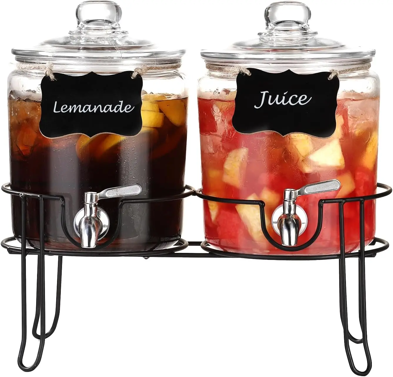 1 Gallon Glass Drink Dispensers For Parties,Beverage Dispenser with Glass Lid and Stand,Lemonade Dispenser for Sun Tea, Kombucha,Homemade Juice,Set of 2 Drinkware Jugs Metal Plastic Leakproof