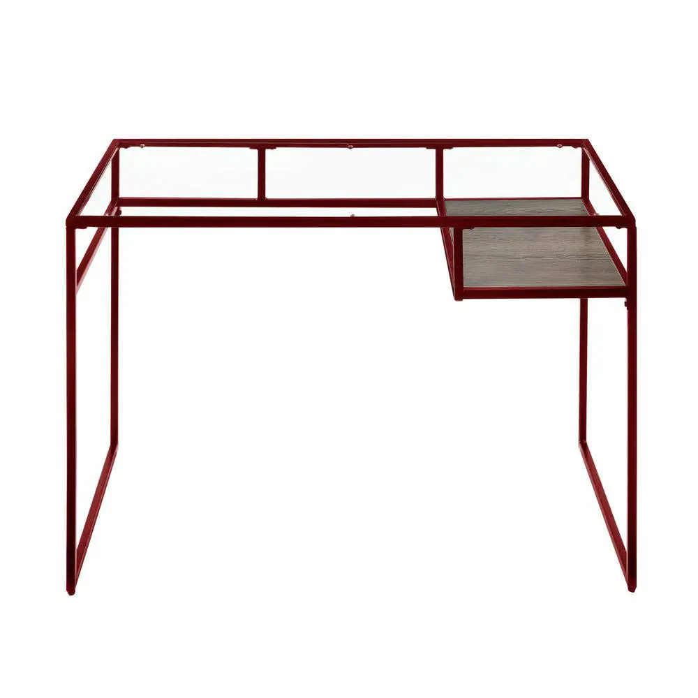 Writing Desk, Clear Glass Table with Metal Support, Home Office Desk, Red