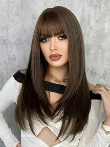 High-Quality 24 Inch Brown Layered Wig with Bangs, Heat Resistant Synthetic Fiber Stylist Friendly Wig for Women Daily Party Use