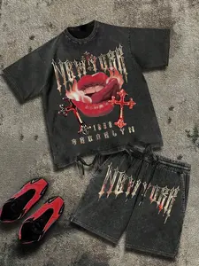 Men's Loose Fit Casual Two-Piece Set, Water Washed Vintage Gothic Cross & Flame Lip Print, New York Brooklyn Graphic Pattern, High-Quality Cotton Streetwear