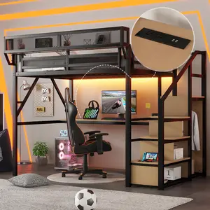 Aurnienofus Full Size Heavy-Duty Metal Gaming Loft Bedroom Bedframe - Adults' Furniture for Bedroom with Stairs, Desk, Bedside Shelf, Light, Storage Wardrobe, Charging Station (Black)