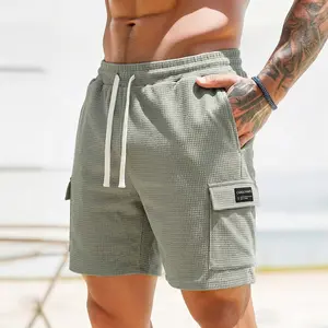 3-pack men’s waffle cargo shorts with a drawstring elastic waistband—breathable and comfortable, slimming and versatile, featuring textured fabric and multiple pockets—ideal for everyday summer outings.