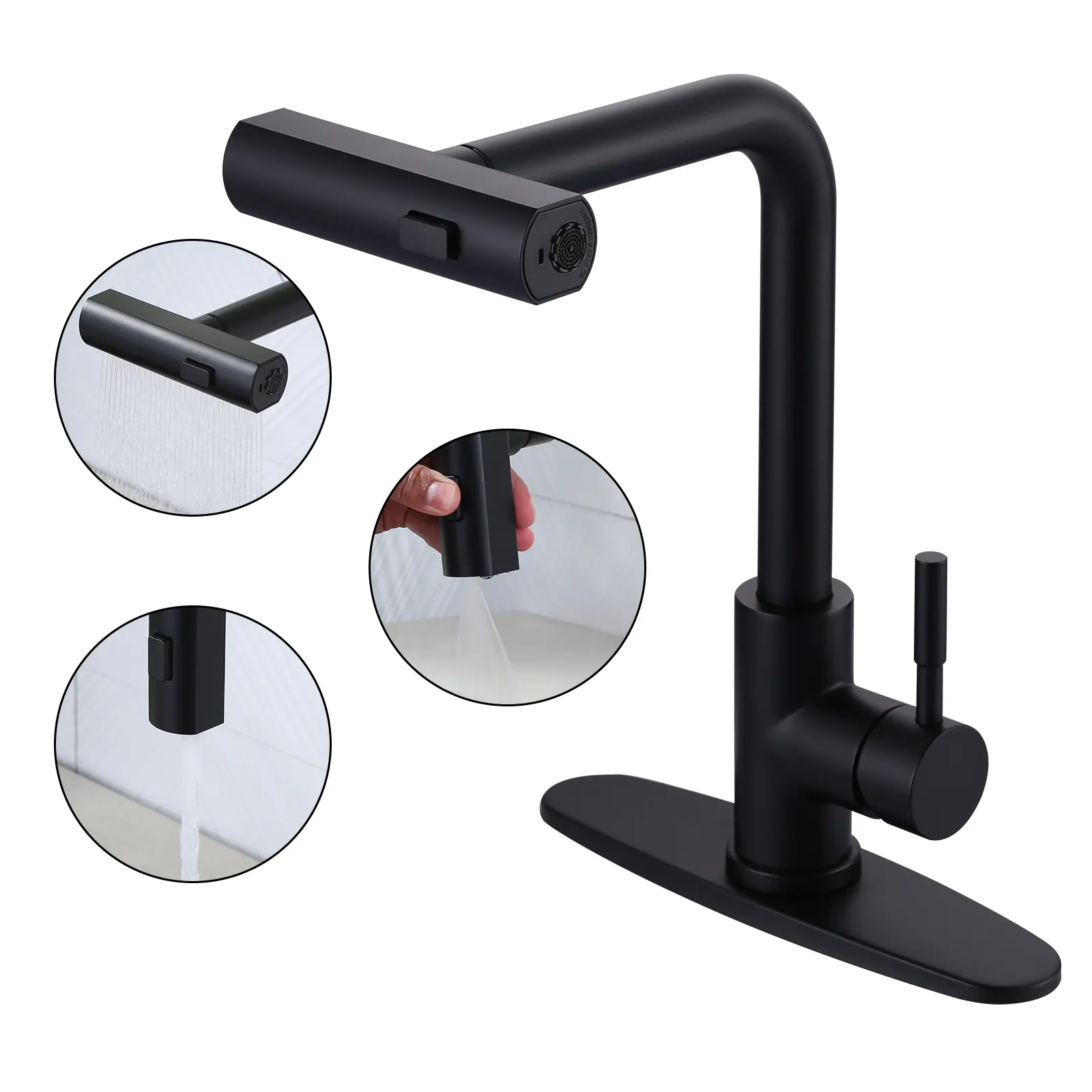 WOWOW Matte Black Stainless Steel Kitchen Faucet - 3-Function Single Handle, Ceramic Cartridge, Classic Rustic Waterfall Pull-Down Sprayer, 2.0 GPM Hot-Cold Control, Center Deck Mounting, Removable Tabs, Glam Design for Kitchen Use, Kitchens