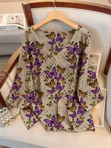 Women's Butterfly Print Long Sleeve Knit Top, V Neck Casual Elegant Vacation Style Sweater, Loose Batwing Shoulders, Spring Summer Fall Fashion