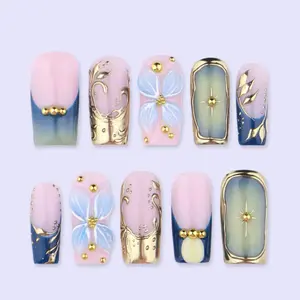 Blue Gold Press On Nails with 3D Flower & Star Frame | Medium Square Handmade Fake Nails | Luxury Celestial Nail Art for Party