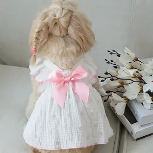Charming Pet Dress with Pink Bow Breathable Polyester Material Heart Design Leash Attachment for Small Dogs Cats Spring Summer Autumn Puppy Costume Clothes Outfits Outdoor