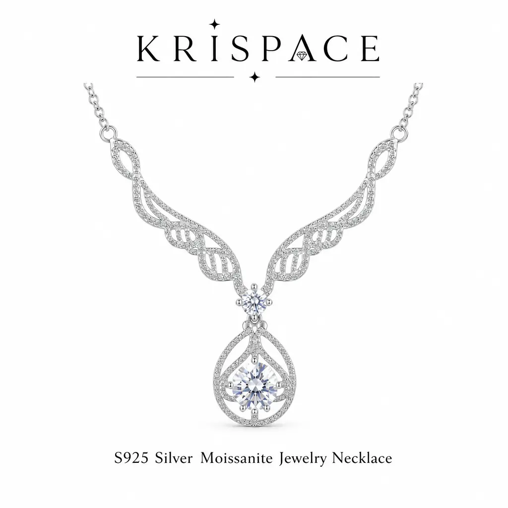 Chic Angel Wings Pendant Necklace in 925 Sterling Silver with Lab Moissanite, Unisex Casual Daily Wear Jewelry, Elegant Engagement Gift, Angel Wings Moissanite Necklace, Chic Artificial Gemstone Necklaces & Pendants